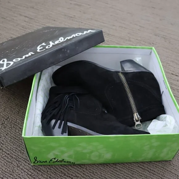 SAM EDELMAN Louie Black Suede Fringe Cowboy Bootie Size 7.5 - Picture 8 of 9